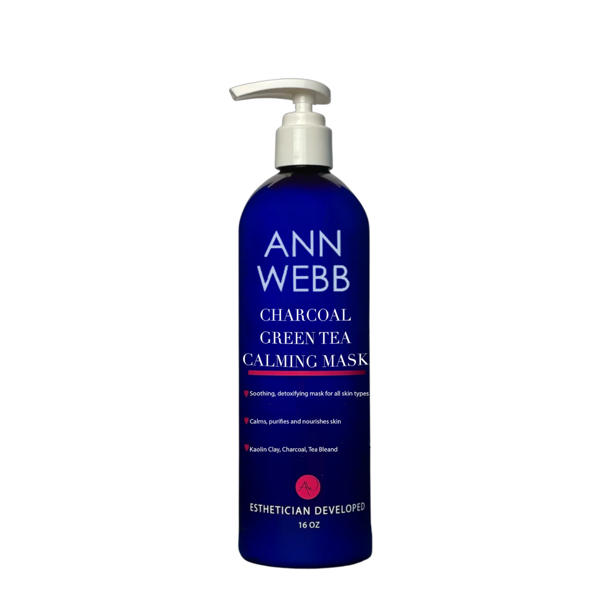 A 16 oz pump bottle of Ann Webb Charcoal Green Tea Calming Mask, featuring a deep cobalt blue bottle and a white pump dispenser, set against a plain white background.