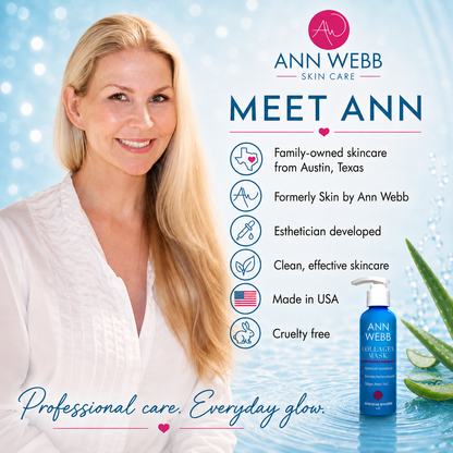 A promotional skincare ad featuring a smiling blonde woman on the left and an Ann Webb Full Face Mask bottle on the right, with text highlighting product benefits and brand history against a light blue water-like background with aloe leaves.