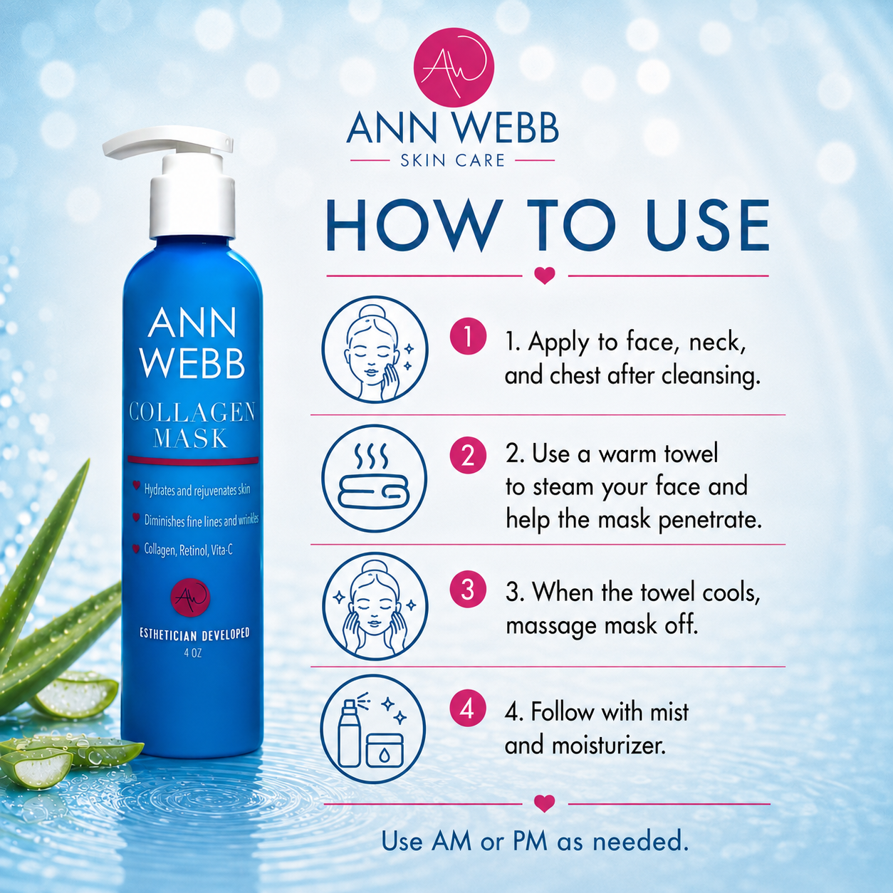 Ann Webb Skin Care Collagen Mask bottle shown next to a step-by-step 'How to Use' guide on a blue water-themed background with aloe vera slices.