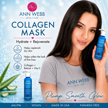 A woman wearing a gray Ann Webb Skin Care t-shirt holds a blue bottle of Collagen Mask, with product details and benefits displayed on a light blue background with aloe vera imagery.