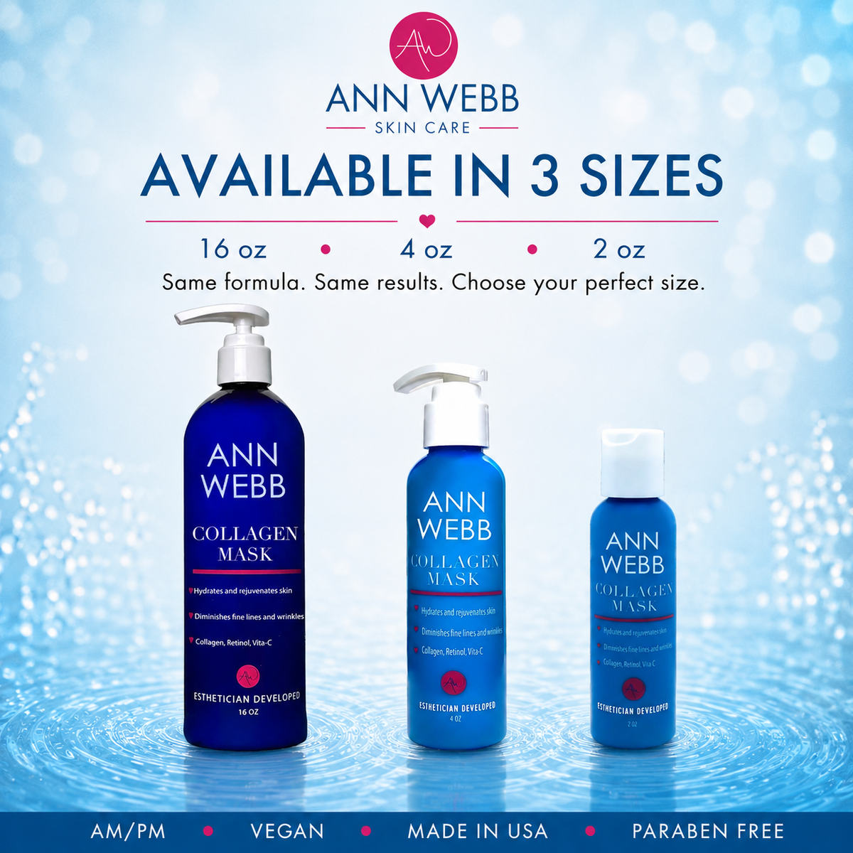 Three Ann Webb Skin Care Collagen Mask pump bottles in different sizes (16 oz, 4 oz, and 2 oz) displayed against a blue water ripple background with promotional text.