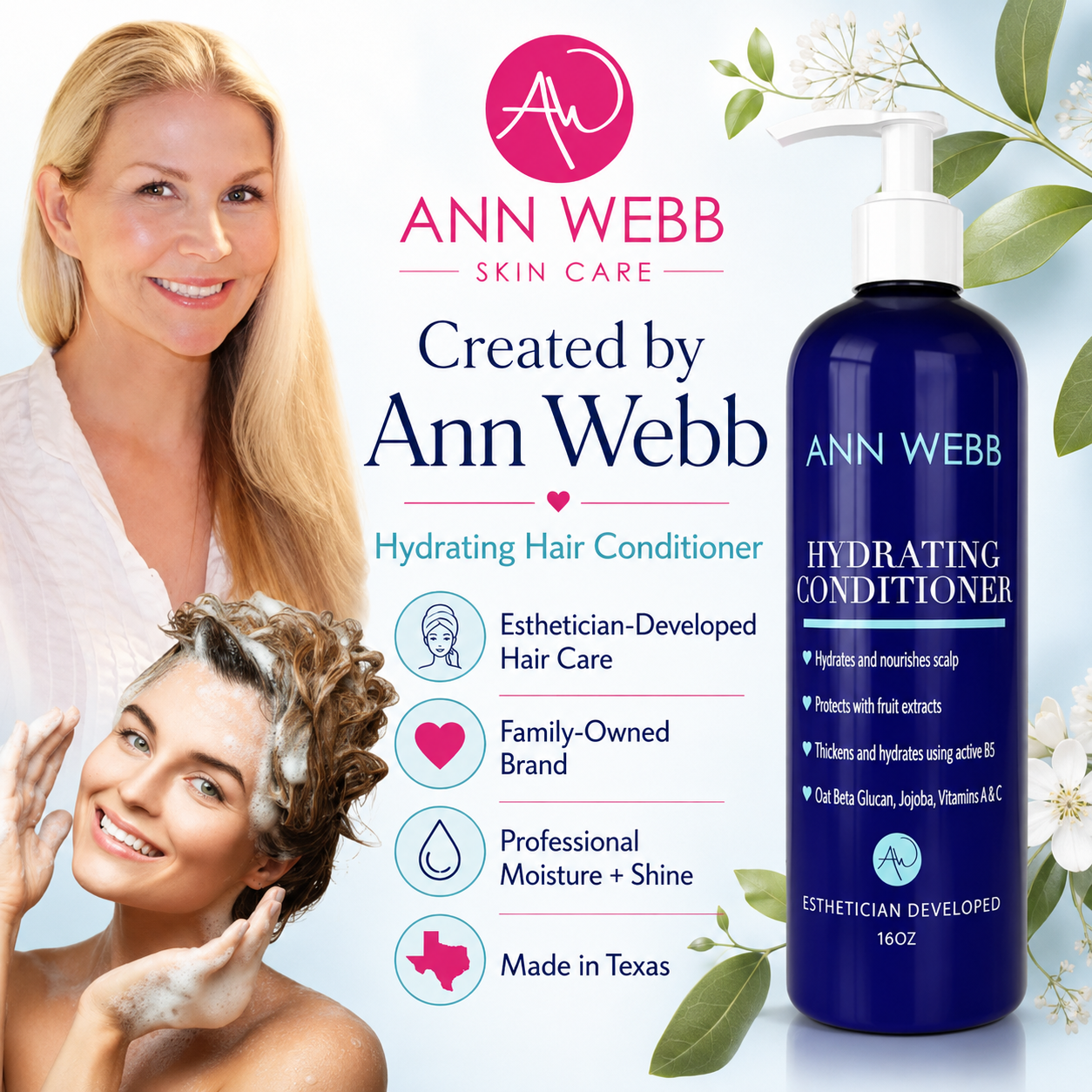 Ann Webb Skin Care Hydrating Hair Conditioner in a dark blue pump bottle, shown alongside promotional text and images of women, including one with wet, lathered hair. The background is a soft light blue with white flowers and green leaves.