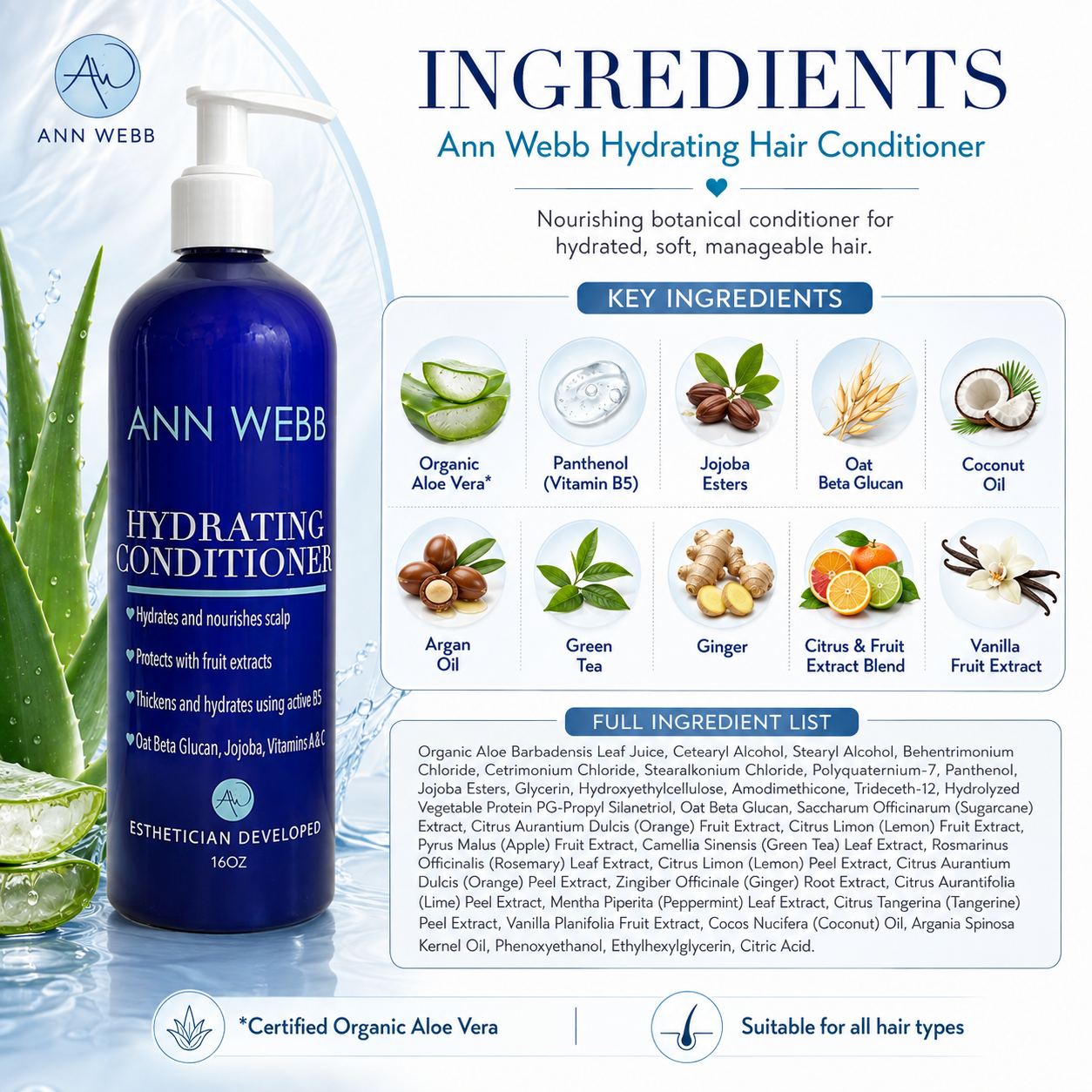 A bottle of Ann Webb Hydrating Hair Conditioner shown on a branded infographic background with ingredient callouts and a full ingredients list. The bottle is dark blue with white text and a white pump, set against a light blue and white layout with photos of ingredients like aloe vera, argan oil, green tea, and vanilla extract.