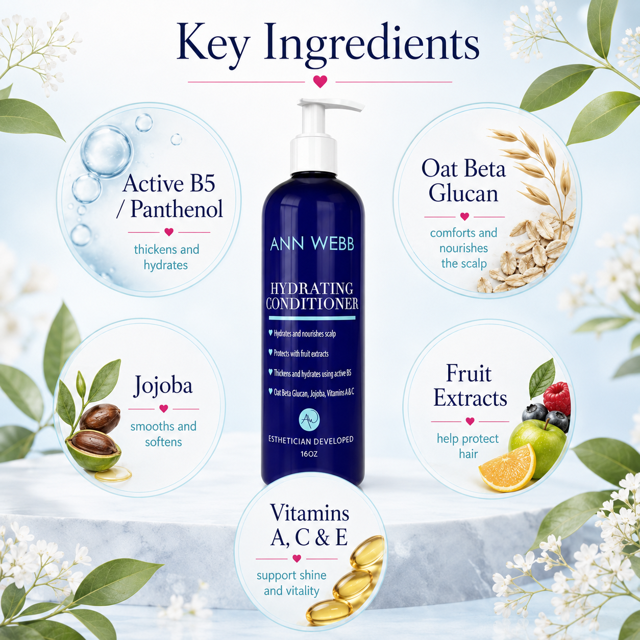 ANN WEBB Hydrating Conditioner bottle centered on a light blue graphic background with decorative leaves and white flowers. The image includes circular callouts highlighting key ingredients: Active B5 / Panthenol, Oat Beta Glucan, Jojoba, Fruit Extracts, Vitamins A, C & E, and the central bottle text.