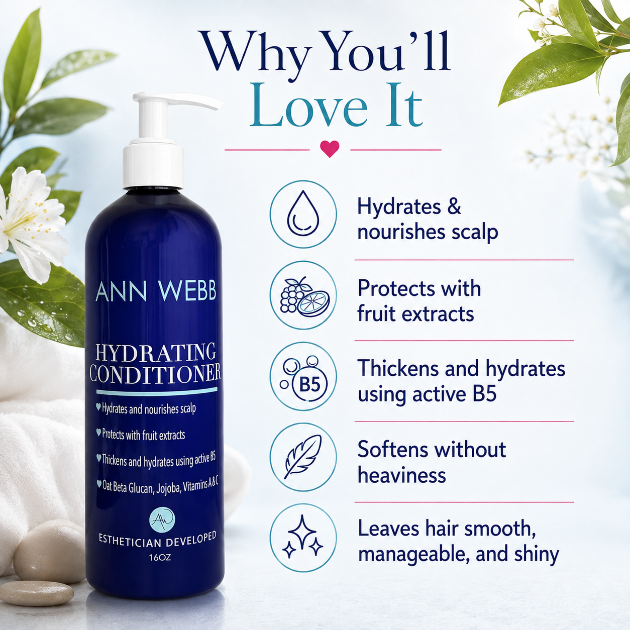 ANN WEBB Hydrating Conditioner bottle in a clean, styled promotional layout. The dark blue pump bottle is shown alongside text detailing its benefits for hair health, framed by soft green leaves and white flowers.