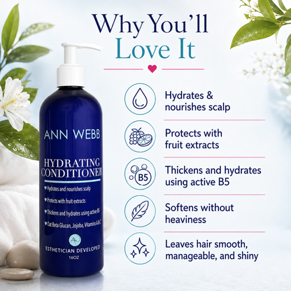 ANN WEBB Hydrating Conditioner bottle in a clean, styled promotional layout. The dark blue pump bottle is shown alongside text detailing its benefits for hair health, framed by soft green leaves and white flowers.
