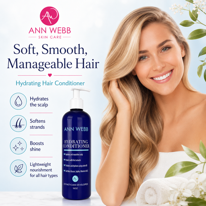 Ann Webb Skin Care Hydrating Hair Conditioner bottle shown next to a smiling blonde woman with long, soft hair on a light blue background with promotional text and icons.