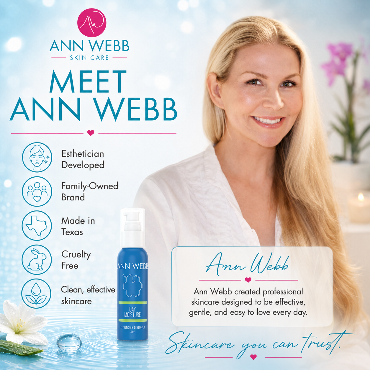 Promotional graphic for Ann Webb Skin Care featuring a smiling blonde woman in a white robe beside a blue Ann Webb Dry Moisturizer bottle, with text highlighting brand values and product details on a bright, softly lit background.