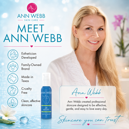 Promotional graphic for Ann Webb Skin Care featuring a smiling blonde woman in a white robe beside a blue Ann Webb Dry Moisturizer bottle, with text highlighting brand values and product details on a bright, softly lit background.