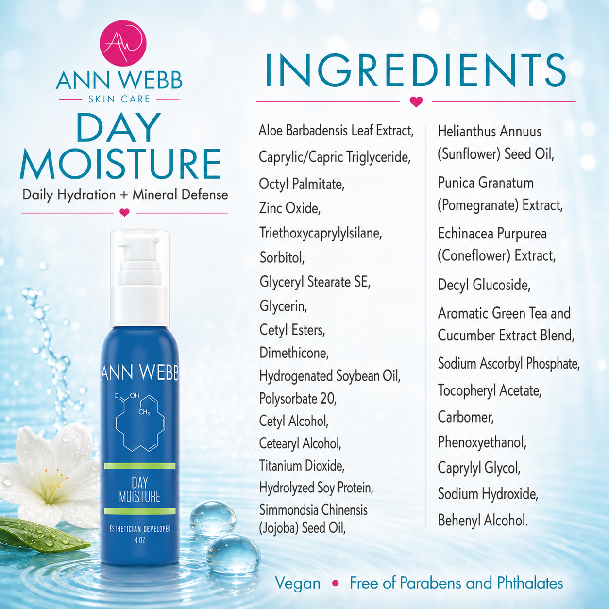 Ann Webb Skin Care Day Moisture bottle shown on a light blue water-themed background with ingredient text and branding. The bottle is blue with a white pump and clear cap, and the image includes a list of ingredients and product claims.