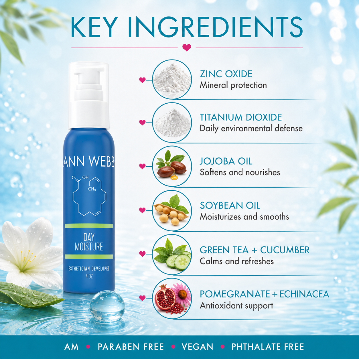 A blue Ann Webber Day Moisture Ethylene Glycol Developer bottle shown on a light blue water-themed background with ingredient callouts: zinc oxide, titanium dioxide, jojoba oil, soybean oil, green tea + cucumber, and pomegranate + echinacea.