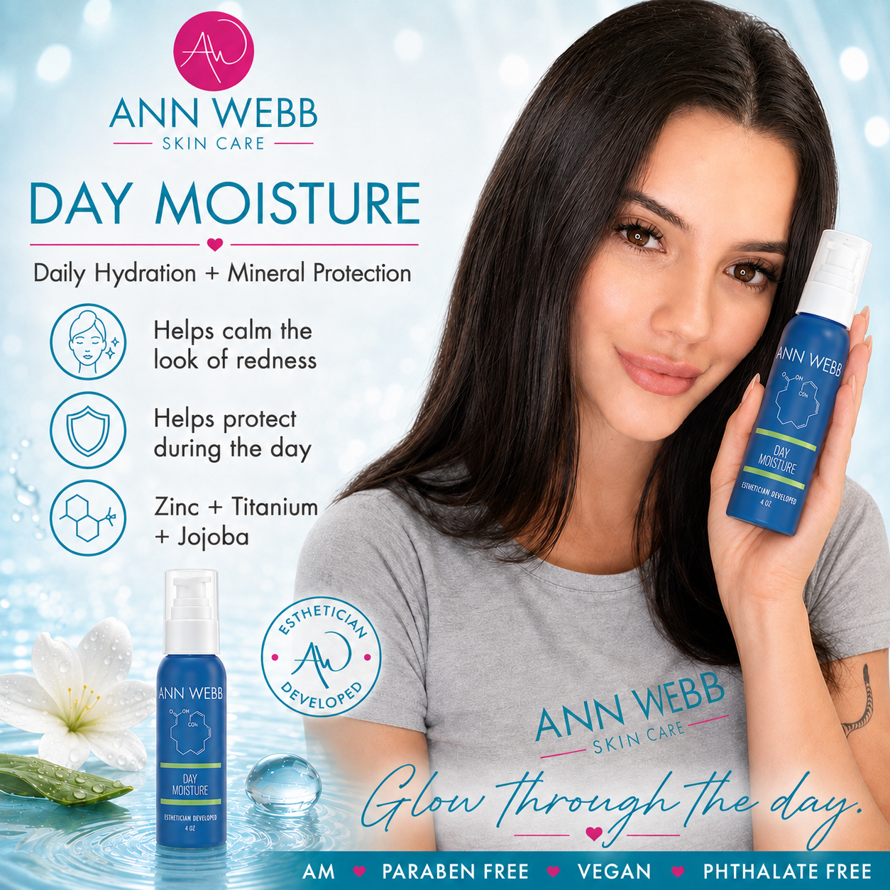 A woman holds a bottle of Ann Webb Skin Care Day Moisture against a bright blue, water-themed background with product benefits and text. The bottle is blue with a white cap, and the image includes the Ann Webb brand logo and product name prominently.