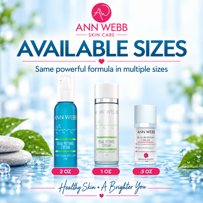 Ann Webb Skin Care available sizes promotional graphic showing three skincare bottles: Dual Betalol Cream in 2 oz, Dual Retinol Cream in 1 oz, and Pulse Retinol Cream in .5 oz, set against a bright water-themed background with green leaves.