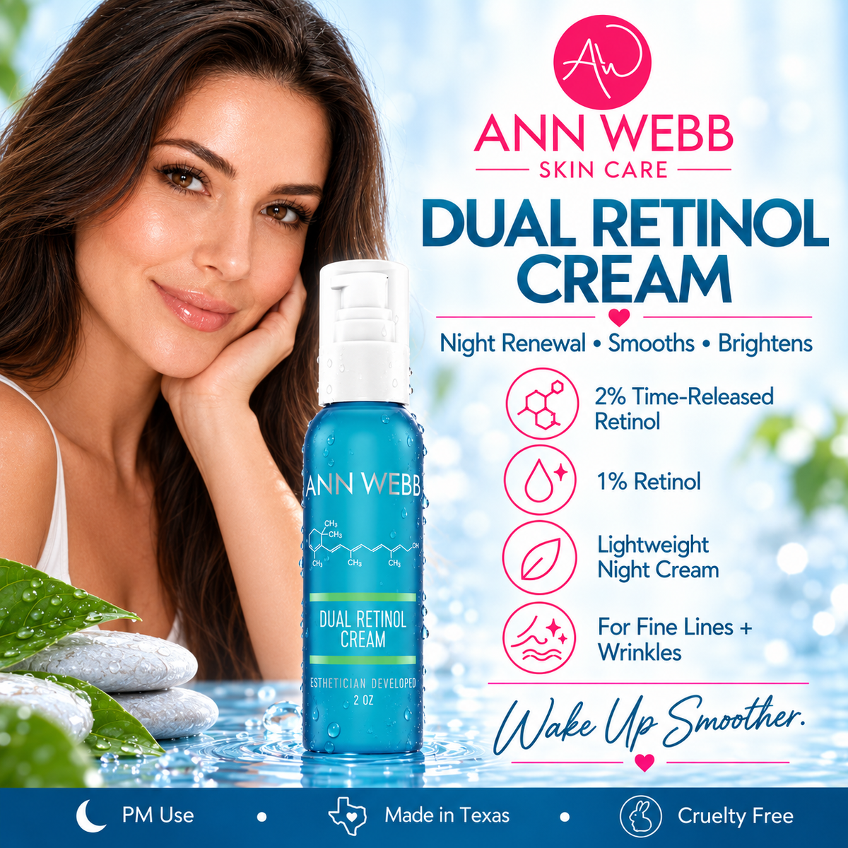 Ann Webb Skin Care Dual Retinol Cream bottle shown on a bright blue promotional graphic with a woman's face, product text, icons, and usage claims.