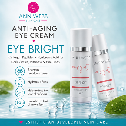 Ann Webb Anti-Aging Eye Cream Eye Bright in a white bottle with silver and red accents, displayed alongside a matching tube on a light blue water-themed background with green leaves.