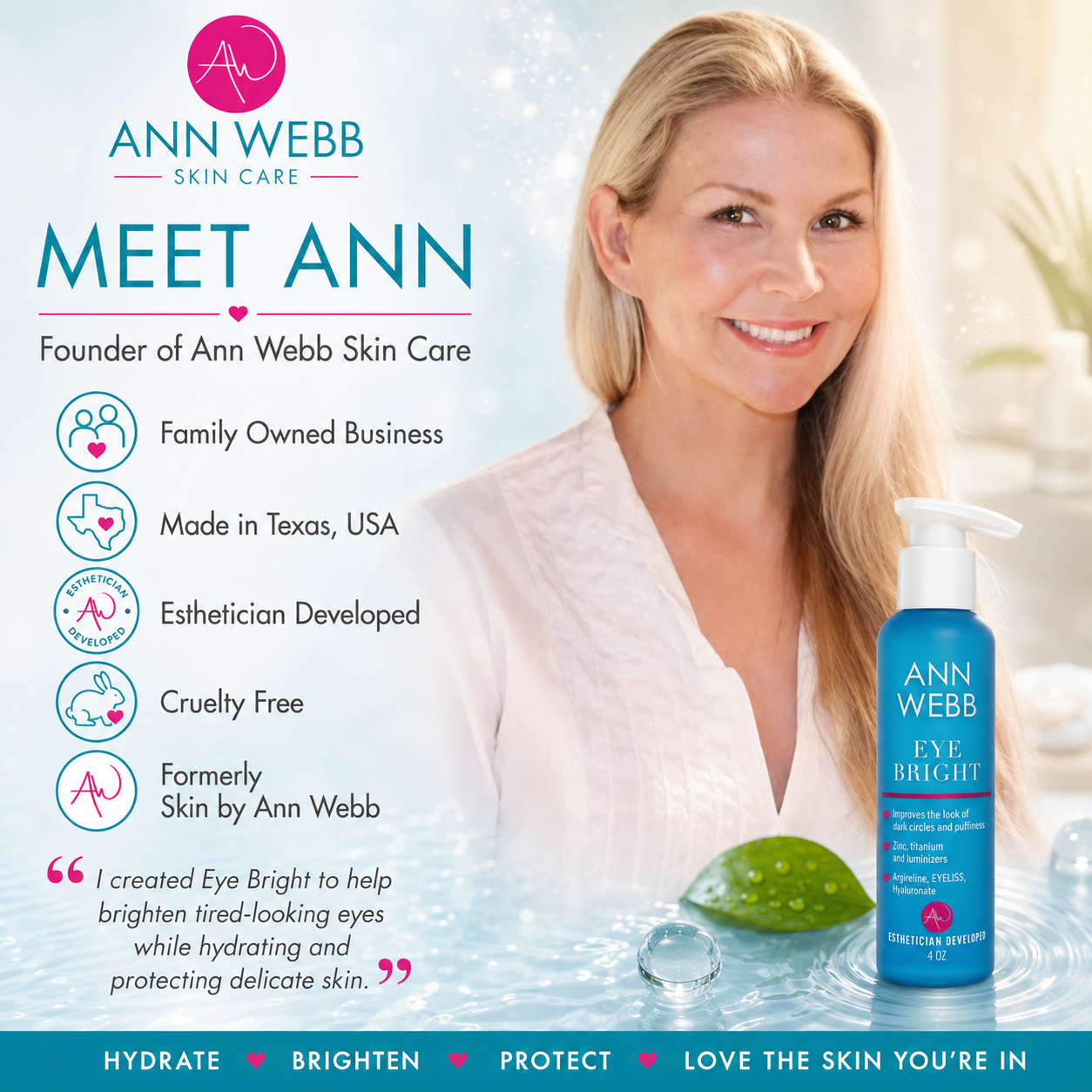 An advertisement for Ann Webb Skin Care featuring a smiling blonde woman in a white robe next to a blue pump bottle labeled 'Eye Bright'. The left side includes branding, product benefits, and a quote, with a blue banner at the bottom reading 'HYDRATE BRIGHTEN PROTECT LOVE THE SKIN YOU'RE IN'.