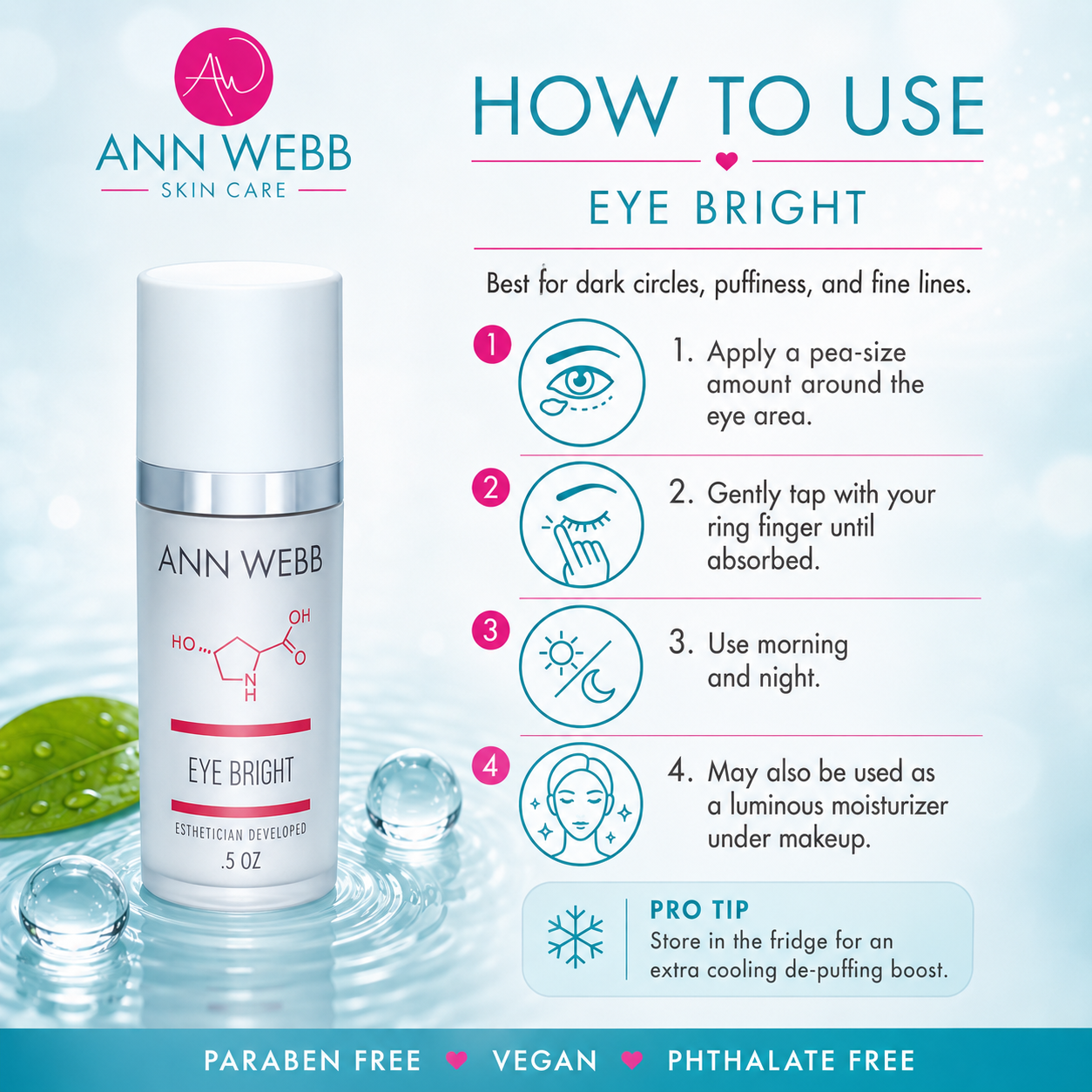 An Ann Webb Skin Care 'Eye Bright' cosmetic dewormer bottle shown on a light blue graphic background with usage instructions, icons, and product features.