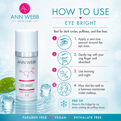 An Ann Webb Skin Care 'Eye Bright' cosmetic dewormer bottle shown on a light blue graphic background with usage instructions, icons, and product features.