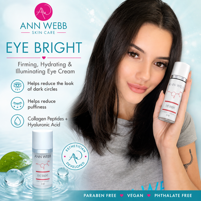 A woman with long dark hair holds a bottle of Ann Webb Eye Bright eye cream next to a product shot of the white and pink bottle. The image features promotional text highlighting the benefits of the eye cream, including reducing dark circles and puffiness, on a light blue background with water droplets.