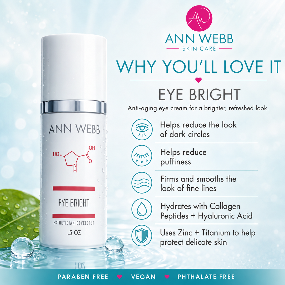 Ann Webb Skin Care Eye Bright anti-aging eye cream bottle on a light blue background with promotional text and feature icons.
