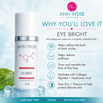 Ann Webb Skin Care Eye Bright anti-aging eye cream bottle on a light blue background with promotional text and feature icons.