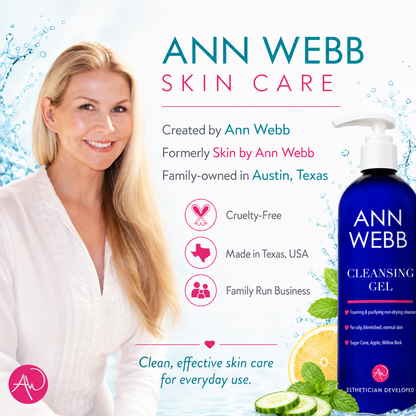 Ann Webb Skin Care Cleansing Gel bottle shown next to a smiling blonde woman on a bright white background with water graphics and product text. The bottle is dark blue with a white pump and white label text.