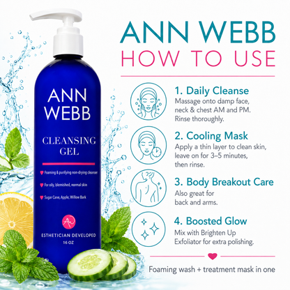 Ann Webb Cleansing Gel bottle shown on a promotional graphic with water splash effects, citrus, mint, cucumber slices, and step-by-step usage instructions on the right.