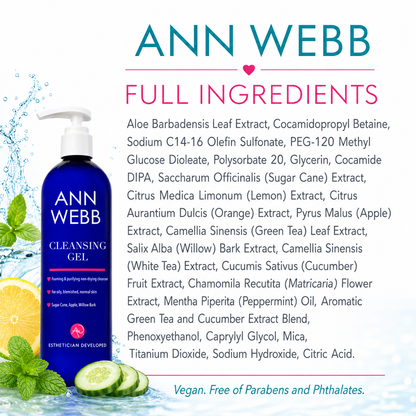 ANN WEBB Cleansing Gel bottle shown on a white background with ingredient text, lemon slices, mint leaves, and water splash graphics. The product is a blue pump bottle labeled ANN WEBB CLEANSING GEL.