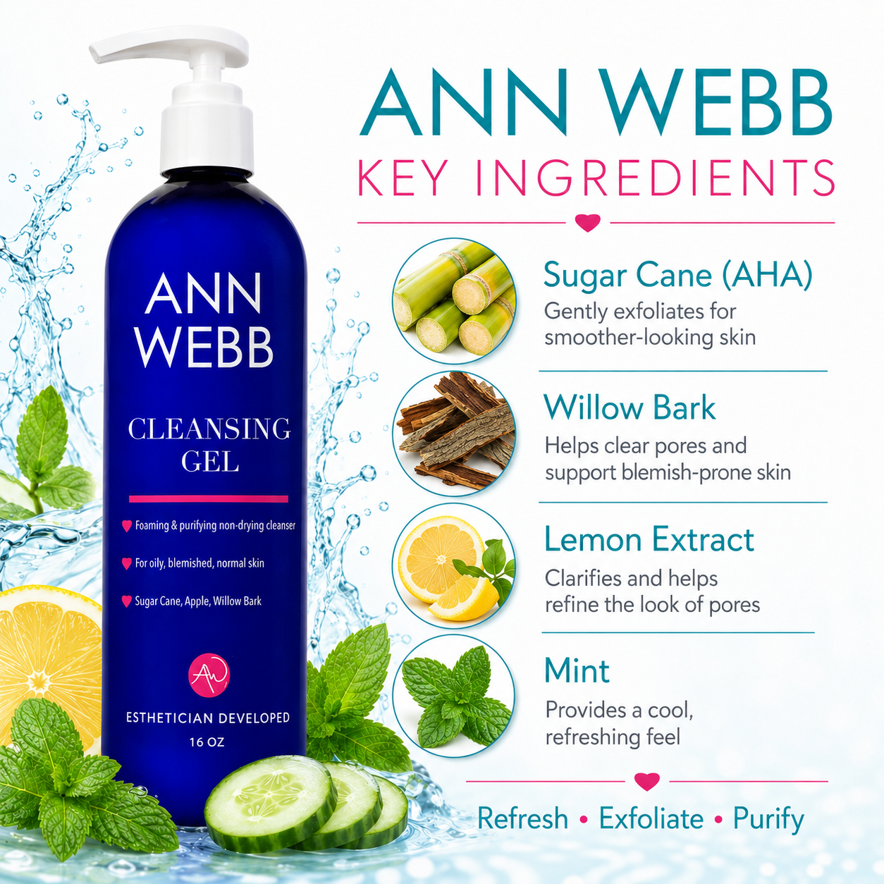 Ann Webb Cleansing Gel bottle on a white background with ingredient callouts for sugar cane, willow bark, lemon extract, and mint, plus water splash graphics and cucumber/lemon illustrations.