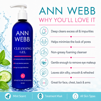 ANN WEBB Cleansing Gel in a 16 oz dark blue pump bottle, presented on a white background with water splash graphics, cucumber slices, and a list of benefits on the right.