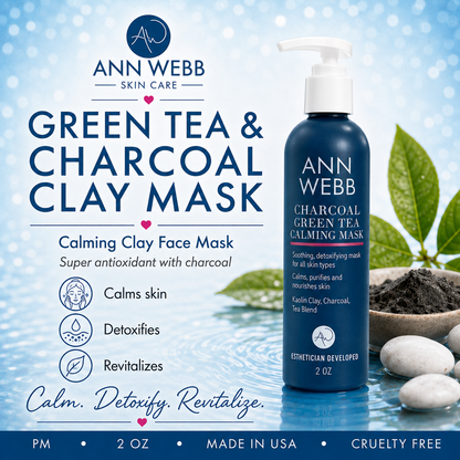 ANN WEBB SKIN CARE Green Tea & Charcoal Clay Mask bottle on a blue water-themed background with text callouts and decorative stones.