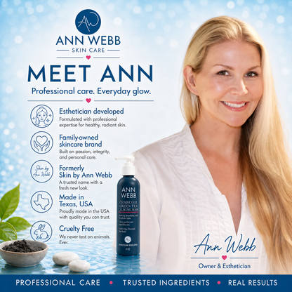 A promotional banner for Ann Webb Skin Care featuring a smiling blonde woman in a white robe on the right, and product information on the left. The text highlights Ann Webb Skin Care, includes a bottle of 'Meet Ann' Hyaluve Hyaluve Brightening Cleanser.