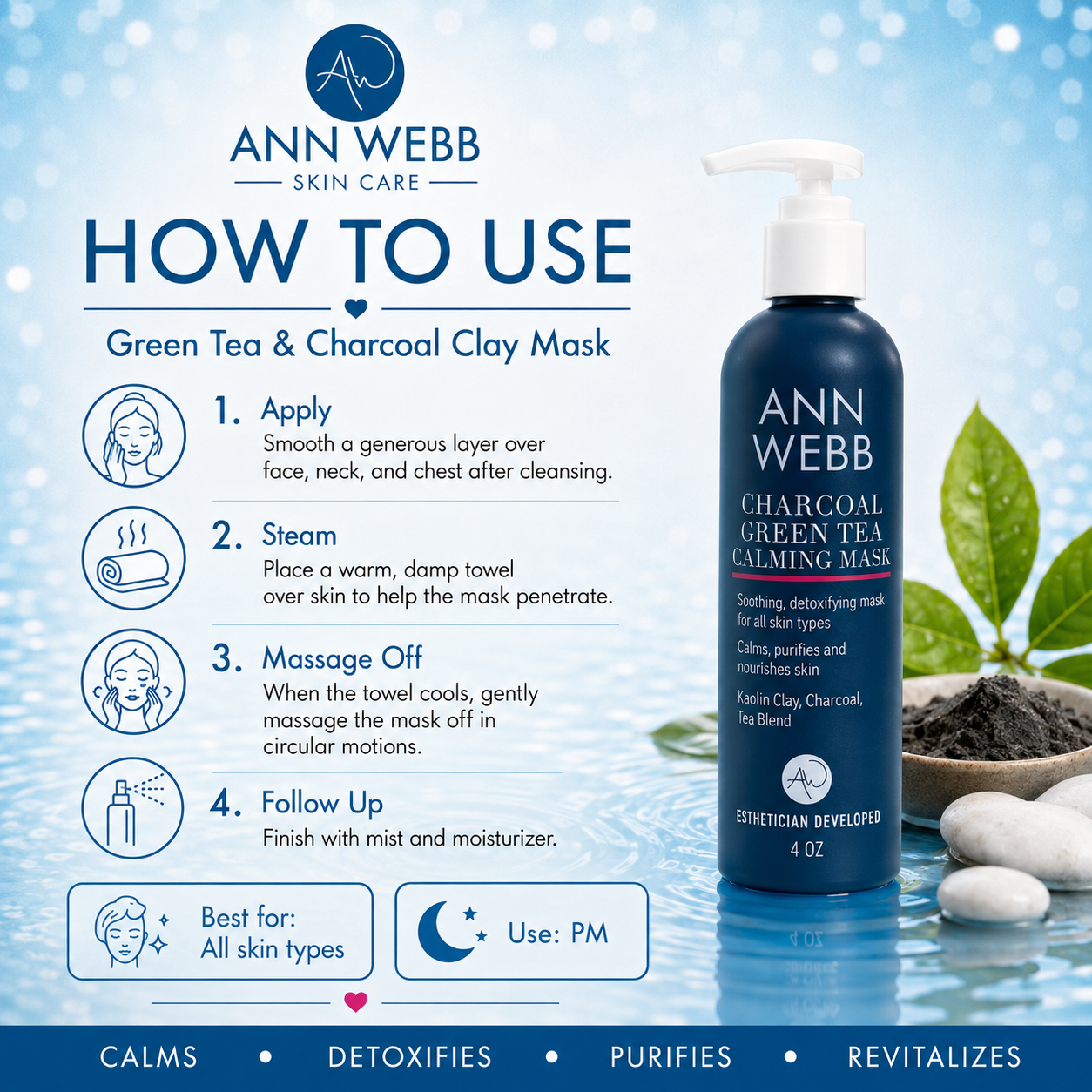 An Ann Webb Skin Care 'How to Use' infographic for the Green Tea & Charcoal Clay Mask, featuring a bottle of the dark blue mask on a light blue background with step-by-step application instructions and decorative leaves and stones.