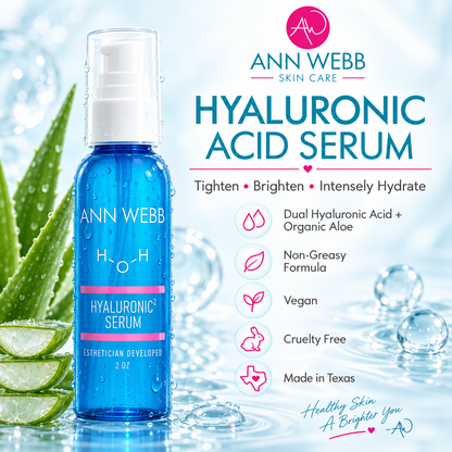 Ann Webb Skin Care Hyaluronic Acid Serum in a blue pump bottle, shown with aloe vera leaves and slices on a water-themed background with product benefits listed on the right.