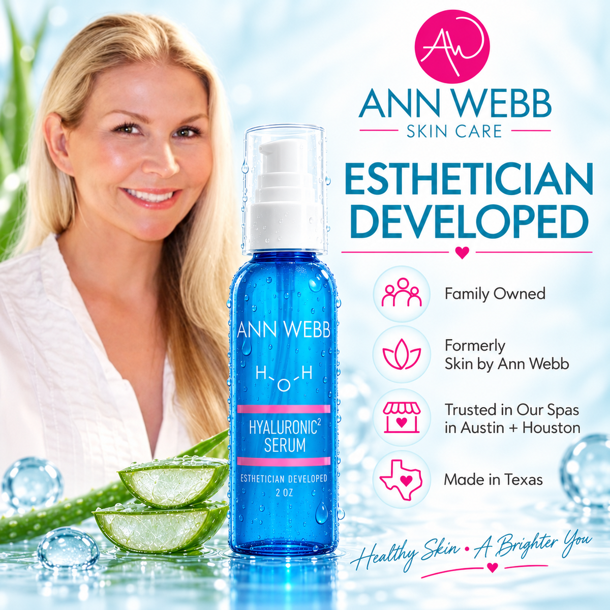 Ann Webb Skin Care Hyaluronic Serum bottle displayed on a bright icy surface with a smiling woman in the background and marketing text on the right.