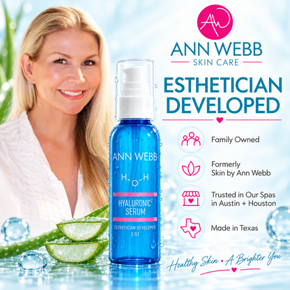 Ann Webb Skin Care Hyaluronic Serum bottle displayed on a bright icy surface with a smiling woman in the background and marketing text on the right.