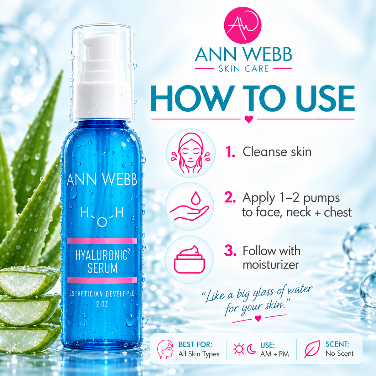 Ann Webb Skin Care Hyaluronic Serum bottle in blue with a white pump, shown on a bright blue water-themed background with aloe leaves and a large 'HOW TO USE' instruction panel.