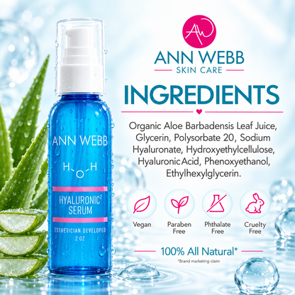 Ann Webb Skin Care Hyaluronic Serum in a 2 oz blue bottle with a white pump, shown on a bright blue water-themed background with aloe vera leaves and ingredient text.