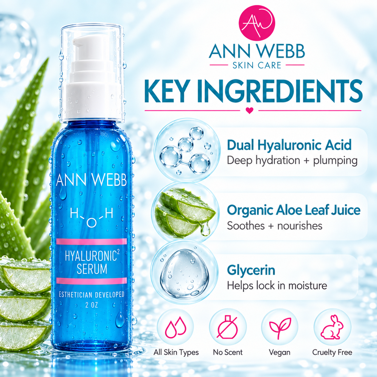 Ann Webb Skin Care Hyaluronic Serum bottle on a bright icy blue background with aloe leaves, bubbles, and ingredient callouts including dual hyaluronic acid, organic aloe leaf juice, and glycerin.