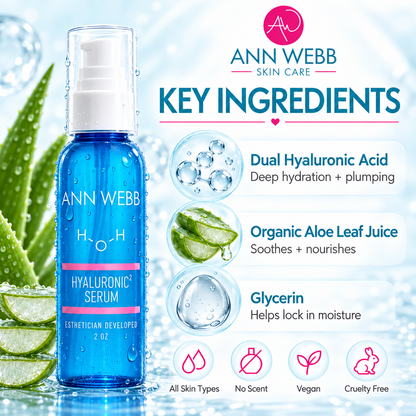 Ann Webb Skin Care Hyaluronic Serum bottle on a bright icy blue background with aloe leaves, bubbles, and ingredient callouts including dual hyaluronic acid, organic aloe leaf juice, and glycerin.