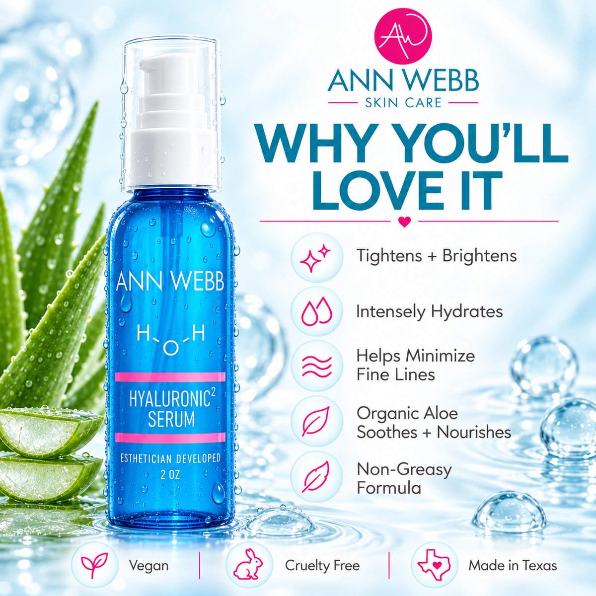 Ann Webb Skin Care Hyaluronic Serum bottle in a blue gradient bottle with a white pump, set against a water-themed background with aloe vera leaves and text highlighting product benefits.
