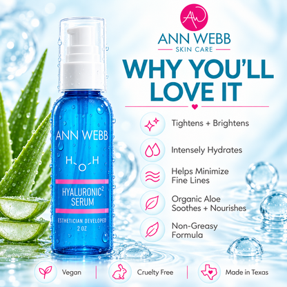 Ann Webb Skin Care Hyaluronic Serum bottle in a blue gradient bottle with a white pump, set against a water-themed background with aloe vera leaves and text highlighting product benefits.