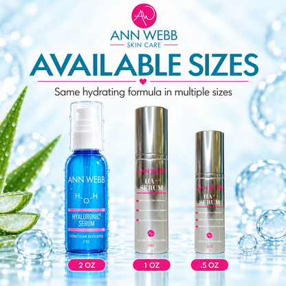 Ann Webb Skin Care available sizes promotional graphic showing three skincare bottles: a blue 2 oz Hyaluronic Serum bottle, a 1 oz HA Serum bottle, and a 5 oz Serum bottle, with product names and sizes displayed against a bright icy background with aloe leaves and water droplets.
