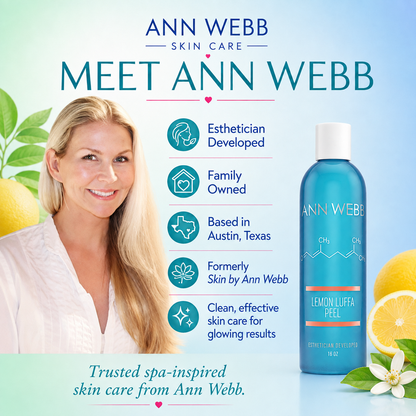 Ann Webb Skin Care Lemon Luifa Peel bottle shown on a light blue background with a smiling blonde woman, lemons, and white flowers. Text highlights the brand and product features.