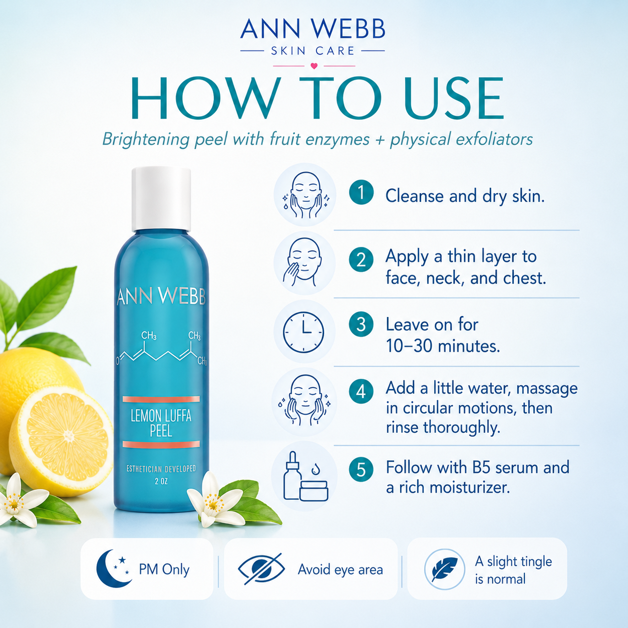 Ann Webb Skin Care Lemon Luffa Peez brightening peel bottle shown on a light blue background with step-by-step usage instructions, lemon illustrations, and product details.