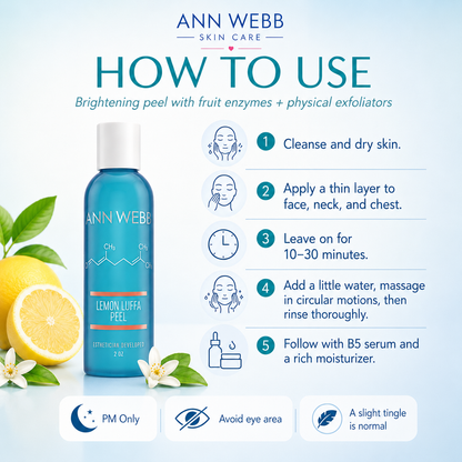 Ann Webb Skin Care Lemon Luffa Peez brightening peel bottle shown on a light blue background with step-by-step usage instructions, lemon illustrations, and product details.