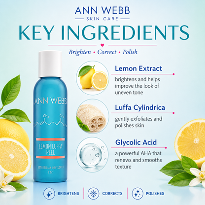Ann Webb Skin Care Lemon Luafa Peel key ingredients infographic featuring a blue bottle of the peel on a light blue background with lemons, white flowers, and text detailing Lemon Extract, Luffa Cylindrica, and Glycolic Acid.