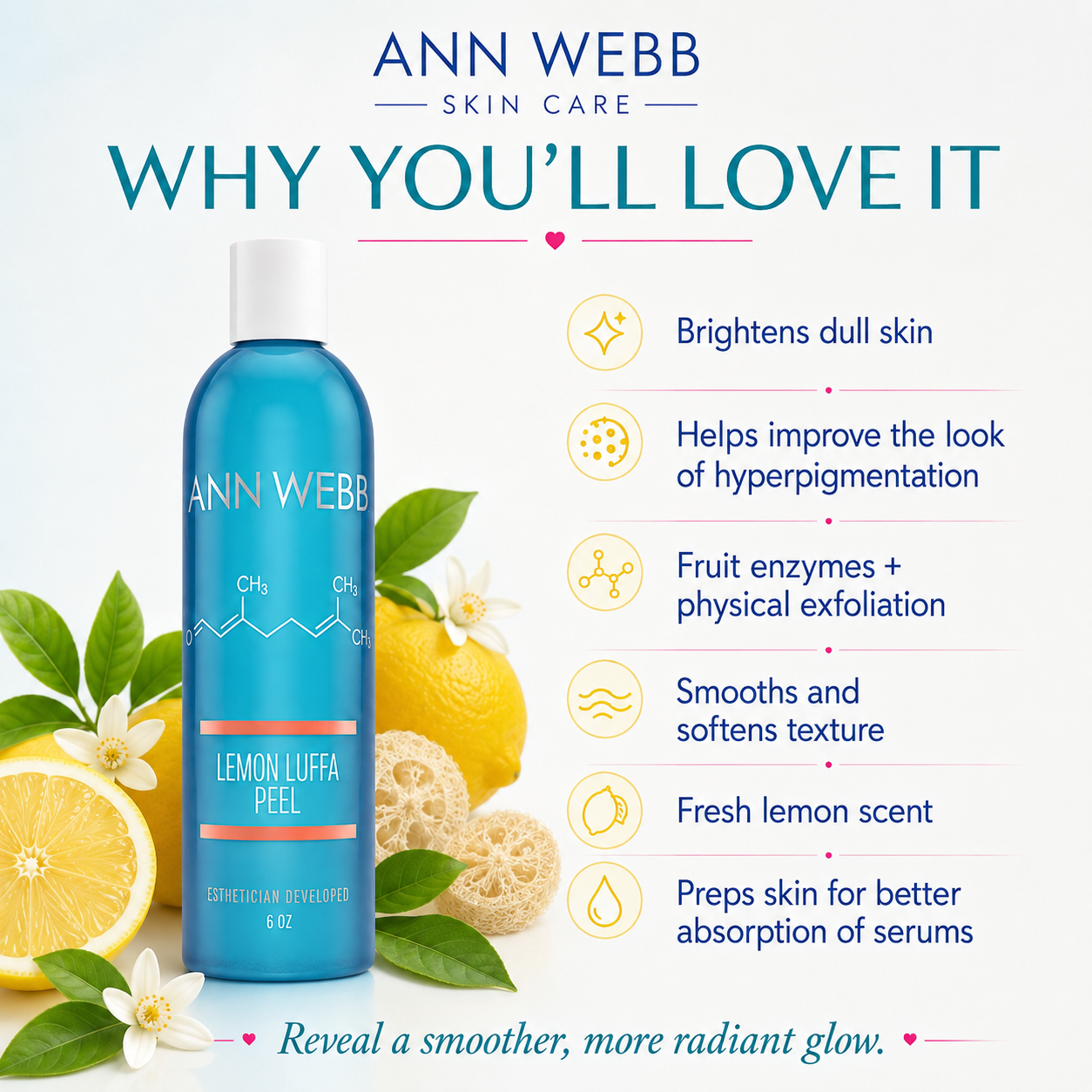 Ann Webb Skin Care Lemon Lufa Peel cosmetic cleanser bottle shown on a light background with lemon slices, green leaves, and white flowers, alongside marketing text and feature callouts.