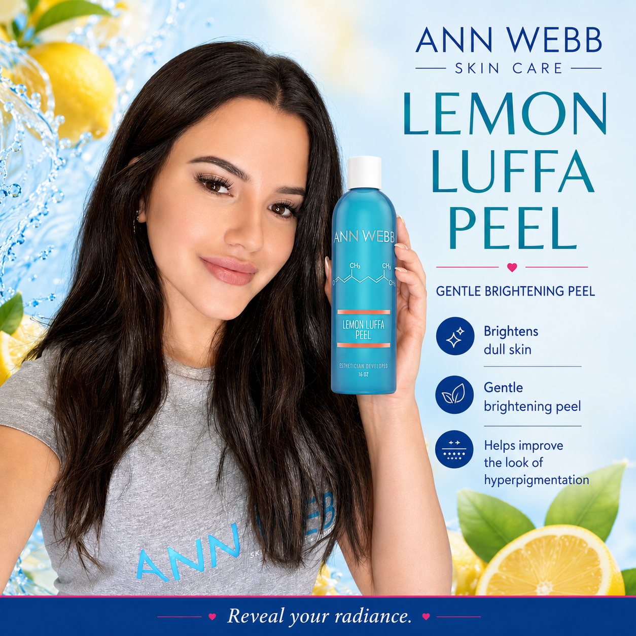 A woman holds up a bottle of Ann Webb Skin Care Lemon Luffa Peel against a bright, water-and-lemon themed background with product benefits listed on the right.