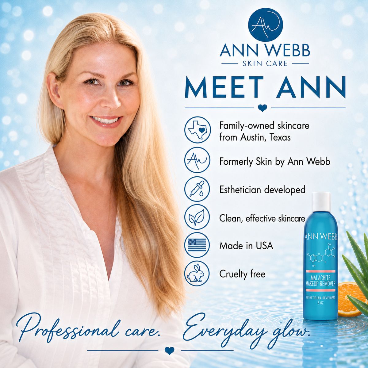 A promotional graphic for Ann Webb Skin Care featuring a smiling blonde woman on the left and a blue bottle of Aloe Juice Deep Cleanser on the right, with text highlighting product benefits and a light blue bokeh-style background.